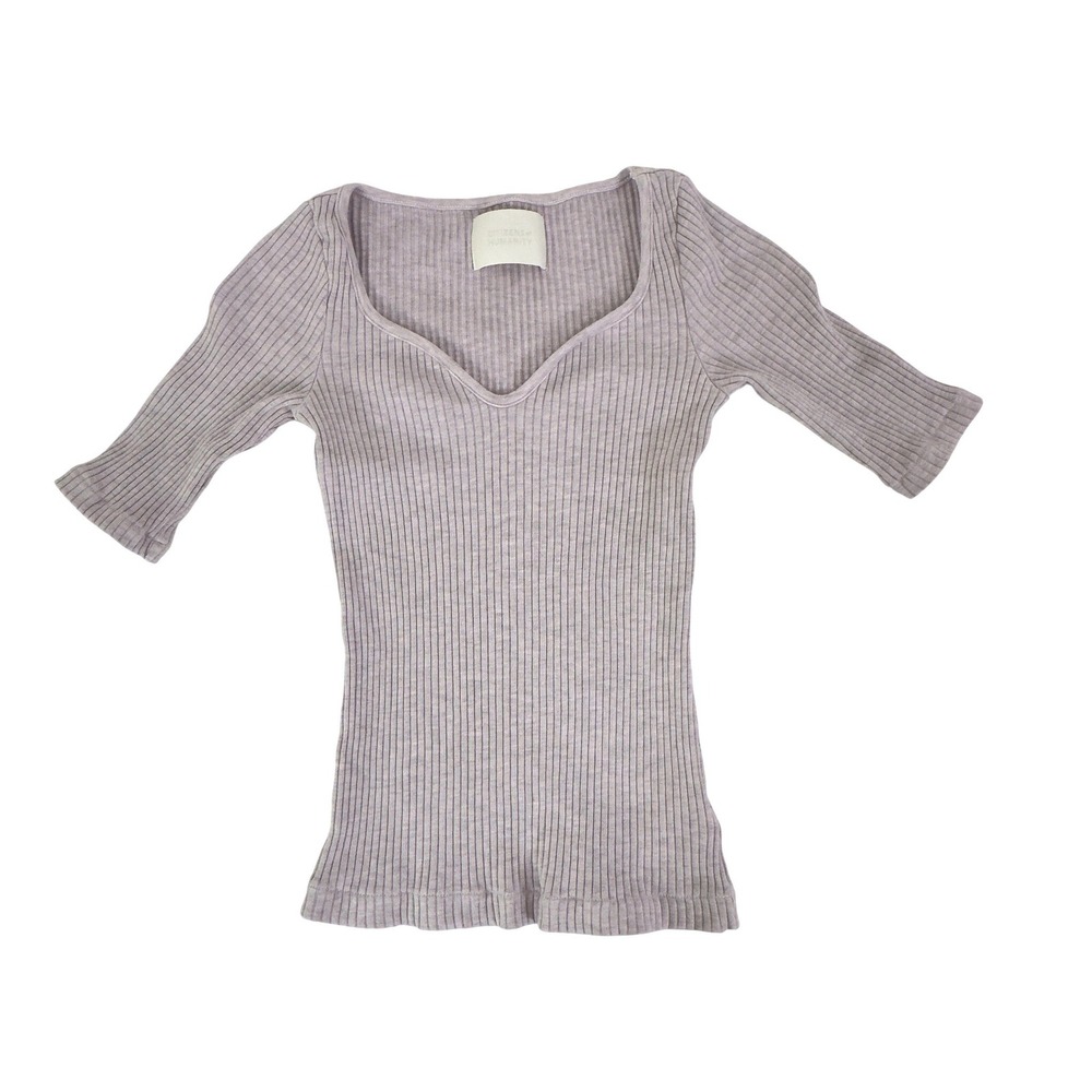 Citizens of Humanity Sweatheart Neckline Ribbed Knit Top Lilac Lyocell Cotton XS